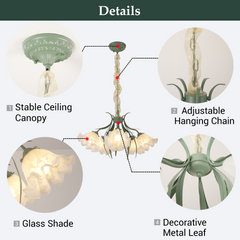 Aeyee Modern Flower Glass Chandelier Elegant Floral Pendant Light with Adjustable Chain Mid Century Glass Hanging Light for Bedroom Dining Room Living Room Green Finish