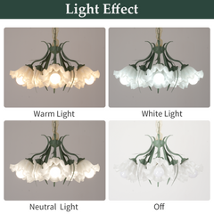 Aeyee Modern Flower Glass Chandelier Elegant Floral Pendant Light with Adjustable Chain Mid Century Glass Hanging Light for Bedroom Dining Room Living Room Green Finish