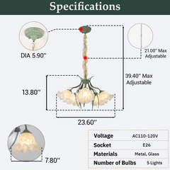 Aeyee Modern Flower Glass Chandelier Elegant Floral Pendant Light with Adjustable Chain Mid Century Glass Hanging Light for Bedroom Dining Room Living Room Green Finish