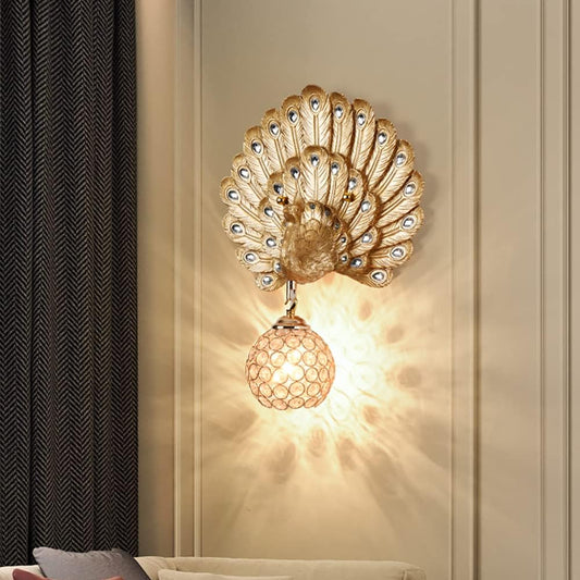 Aeyee Peacock Wall Mount Lamp, Elegant Bedside Lamp with Crystal Shade, Retro Wall Light Fixtures for Bedroom Balcony, Gold