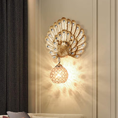 Aeyee Peacock Wall Mount Lamp, Elegant Bedside Lamp with Crystal Shade, Retro Wall Light Fixtures for Bedroom Balcony, Gold