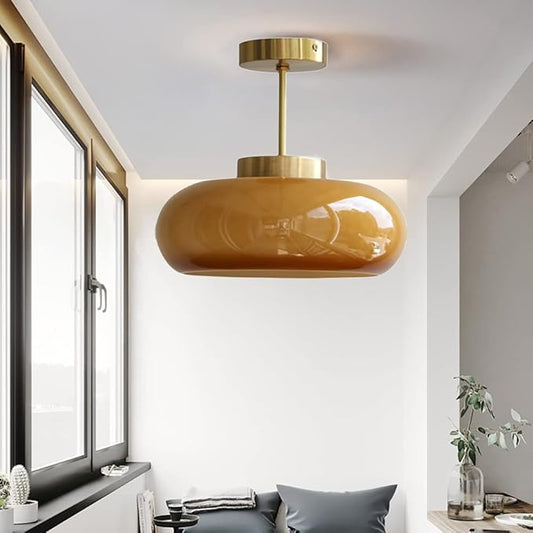Aeyee Semi Flush Mount Ceiling Light, Hallway Ceiling lamp with Glass Shade, Vintage Hanging Light Fixtures, Orange Finish