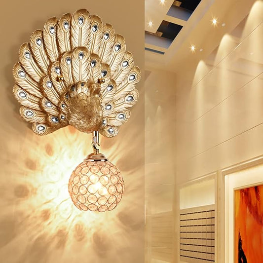 Aeyee Peacock Wall Mount Lamp, Elegant Bedside Lamp with Crystal Shade, Retro Wall Light Fixtures for Bedroom Balcony, Gold
