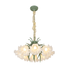 Aeyee Modern Flower Glass Chandelier Elegant Floral Pendant Light with Adjustable Chain Mid Century Glass Hanging Light for Bedroom Dining Room Living Room Green Finish