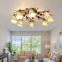 Aeyee Rustic Bird Semi Flush Mount Ceiling Light, Classic Branches Ceiling Light with Fabric Linen Shade, Vintage Pine Cones Ceiling Lamp