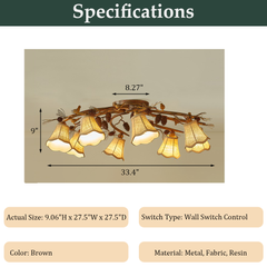 Aeyee Rustic Bird Semi Flush Mount Ceiling Light, Classic Branches Ceiling Light with Fabric Linen Shade, Vintage Pine Cones Ceiling Lamp