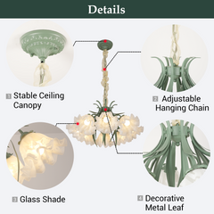 Aeyee Modern Flower Glass Chandelier Elegant Floral Pendant Light with Adjustable Chain Mid Century Glass Hanging Light for Bedroom Dining Room Living Room Green Finish