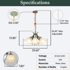 Aeyee Modern Flower Glass Chandelier Elegant Floral Pendant Light with Adjustable Chain Mid Century Glass Hanging Light for Bedroom Dining Room Living Room Green Finish