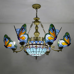 Aeyee Stained Glass Chandelier, Tiffany Style Hanging Light, Classic Blue Butterfly Pendant Light Fixture