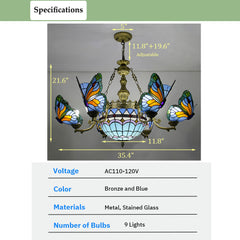 Aeyee Stained Glass Chandelier, Tiffany Style Hanging Light, Classic Blue Butterfly Pendant Light Fixture