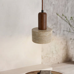 Aeyee Stone Pendant Lamp, Modern Walnut Wood Decoration Hanging Light, Small Yellow Travertine Pendant Lamp for Farmhouse Kitchen Island