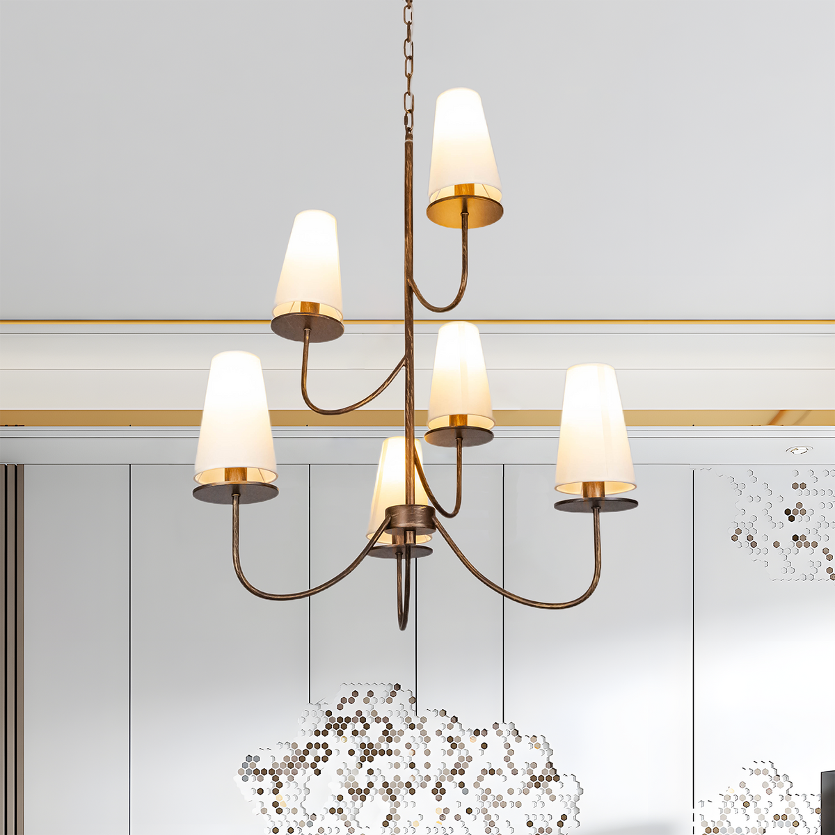 Aeyee Modern Chandeliers, Classic Multi-Layered Pendant Light Fixture, Height Adjustable, 6 Lights Elegant Pendant Light with Fabric Shade for Bedroom Living Room