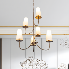 Aeyee Modern Chandeliers, Classic Multi-Layered Pendant Light Fixture, Height Adjustable, 6 Lights Elegant Pendant Light with Fabric Shade for Bedroom Living Room