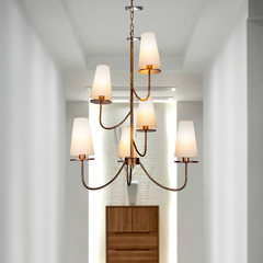 Aeyee Modern Chandeliers, Classic Multi-Layered Pendant Light Fixture, Height Adjustable, 6 Lights Elegant Pendant Light with Fabric Shade for Bedroom Living Room