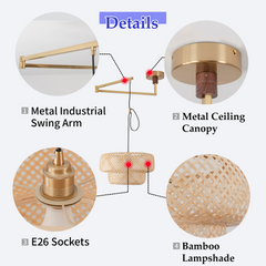 Aeyee Adjustable Arm Bamboo Pendant Light Fixture, Boho Swing Arm Basket Weave Hanging Light, Vintage Round Shape Ceiling Pendant Light for Kitchen Island Dining Room