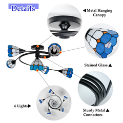 Aeyee Tiffany Style Ceiling Light, Classy Stained Glass Flush Mount Ceiling Light with Green / blue Leaves, Retro Ceiling Lamp for Living Room Bedroom