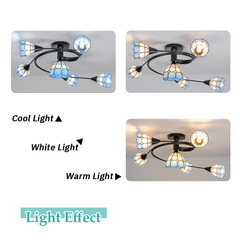 Aeyee Tiffany Style Ceiling Light, Classy Stained Glass Flush Mount Ceiling Light with Green / blue Leaves, Retro Ceiling Lamp for Living Room Bedroom