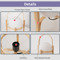 Aeyee Basket Table Lamp with Glass Shade, Modern Wood Bedside Lamp, Cute Night Light, Boho Style Desk Lamp for Bedroom Nightstand