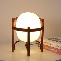 Aeyee Basket Table Lamp with Glass Shade, Modern Wood Bedside Lamp, Cute Night Light, Boho Style Desk Lamp for Bedroom Nightstand