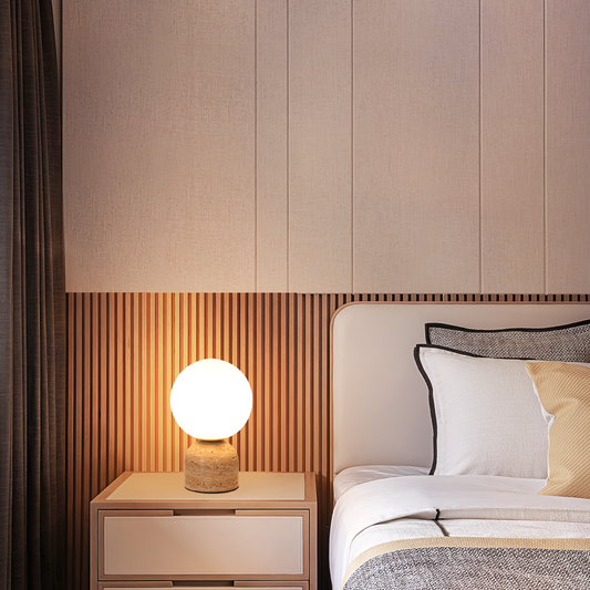 Aeyee Modern Stone Table Lamp with Frosted Glass Shade, Cute Glass Globe Night Light, Natural Yellow Travertine Table Lamp for Bedroom Living Room