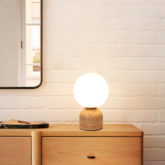 Aeyee Modern Stone Table Lamp with Frosted Glass Shade, Cute Glass Globe Night Light, Natural Yellow Travertine Table Lamp for Bedroom Living Room