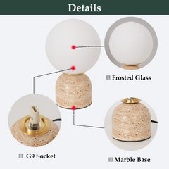 Aeyee Modern Stone Table Lamp with Frosted Glass Shade, Cute Glass Globe Night Light, Natural Yellow Travertine Table Lamp for Bedroom Living Room