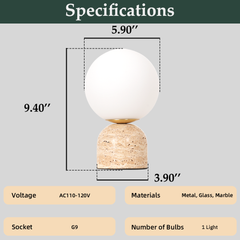 Aeyee Modern Stone Table Lamp with Frosted Glass Shade, Cute Glass Globe Night Light, Natural Yellow Travertine Table Lamp for Bedroom Living Room