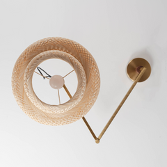 Aeyee Adjustable Arm Bamboo Pendant Light Fixture, Boho Swing Arm Basket Weave Hanging Light, Vintage Round Shape Ceiling Pendant Light for Kitchen Island Dining Room