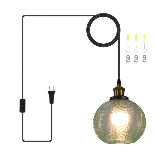 Aeyee Modern Plug in Pendant Light Fixture Glass Globe Hanging Light Green Glass Pendant Lamp with 12.47ft Cord Mid Century Pendant Lighting for Living Room Bedroom