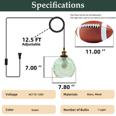 Aeyee Modern Plug in Pendant Light Fixture Glass Globe Hanging Light Green Glass Pendant Lamp with 12.47ft Cord Mid Century Pendant Lighting for Living Room Bedroom