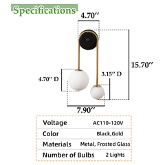 Aeyee Glass Globe Wall Sconce, Mid-Century Wall Mounted Light, 2 Lights Wall Lamp for Bedside Living Room
