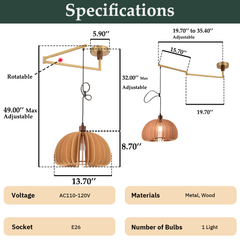 Aeyee Adjustable Swing Arm Pendant Light Vintage Dining Room Light Flexible Hanging Light Fixtures Wood Pendant Light for Dining Room