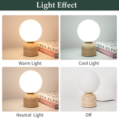 Aeyee Modern Stone Table Lamp with Frosted Glass Shade, Cute Glass Globe Night Light, Natural Yellow Travertine Table Lamp for Bedroom Living Room