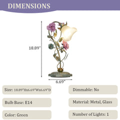 Aeyee Floral Table Lamp, Elegant Bedside Nightstand Lamps with Glass Shade, Girls Night Light for Small Desk Bedroom Living Room