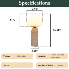 Aeyee Modern Marble Table Lamp with Frosted Glass Shade, Cute Glass Globe Night Light, Natural Yellow Travertine Desk Lamp for Bedroom Living Room (Beige)