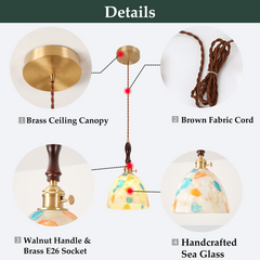 Aeyee Sea Glass Pendant Light Fixture 6.6 Inches Mid Century Modern Glass Hanging Lamp Small Lighting Cute Wood Pendant Lamp for Bedroom Kitchen Living Room