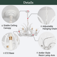Aeyee Rustic Antlers Chandelier, 6 Lights Deer Horn Antler Lamp, Deer Chandelier Fixtures Farmhouse Pendant Lighting, Height Adjustable, Antler Lamp for Dining Room, Kitchen Island White Finish