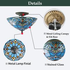 Aeyee Tiffany Style Ceiling Light Stained Glass Semi Flush Mount Ceiling Light Fixture Baroque Style Petal Pattern Close to Ceiling Light Elegant Lighting