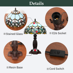 Aeyee Tiffany Style Table Lamp, Stained Glass Desk Lamp, Vintage Blue Bedside Night Light, 11.8 Inch Table Light with Handmade Lampshade for Bedroom Living Room