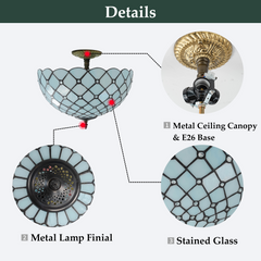 Aeyee Tiffany Style Ceiling Light Stained Glass Semi Flush Mount Ceiling Light Fixture Beads Pattern Close to Ceiling Light Vintage Light Blue Flush Mount Lighting for Foyer Hallway