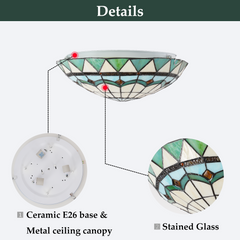 Aeyee Tiffany Style Ceiling Light Stained Glass Semi Flush Mount Ceiling Light Fixture Green Close to Ceiling Light Elegant Flush Mount Lighting