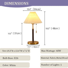 Aeyee Pull Chain Table Lamp Wooden Desk Lamp Bedroom Bedside Reading Lamp Pleated Fabric Night Lamp Suitable for Office Living Room