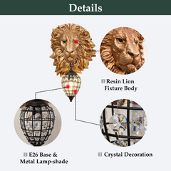Aeyee Lion Head Wall Sconces Vintage Hardwired Wall Light Lion Wall Lighting with Crystal Lampshade Rustic Wall Lamps