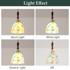 Aeyee Sea Glass Pendant Light Fixture 6.6 Inches Mid Century Modern Glass Hanging Lamp Small Lighting Cute Wood Pendant Lamp for Bedroom Kitchen Living Room