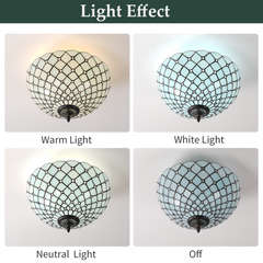 Aeyee Tiffany Style Ceiling Light Stained Glass Semi Flush Mount Ceiling Light Fixture Beads Pattern Close to Ceiling Light Vintage Light Blue Flush Mount Lighting for Foyer Hallway