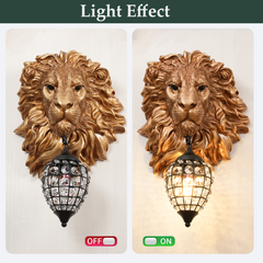Aeyee Lion Head Wall Sconces Vintage Hardwired Wall Light Lion Wall Lighting with Crystal Lampshade Rustic Wall Lamps