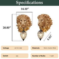 Aeyee Lion Head Wall Sconces Vintage Hardwired Wall Light Lion Wall Lighting with Crystal Lampshade Rustic Wall Lamps
