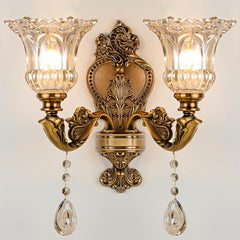 Aeyee Vintage Wall Sconce, Elegant Brass Wall Light, Crystal Floral Bedside Wall Lamp for Entrance, Bedroom, Hallway