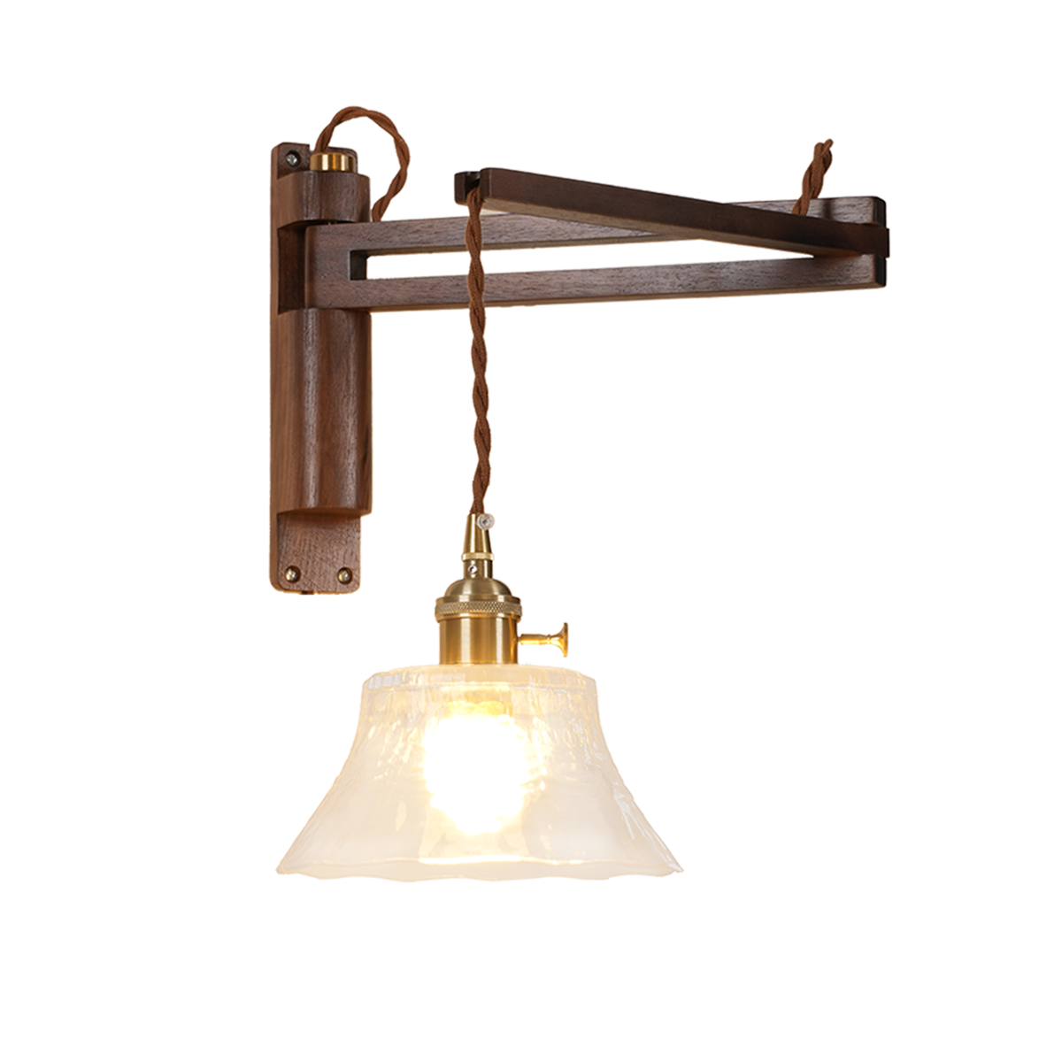 Aeyee Wood Plug in Wall Sconces Swing Arm Wall Lamp with On Off Switch Clear Glass Shade Farmhouse Wall Mounted Light Fixture with Cord Rustic Wall Light for Bedroom Bedside Reading Lamp