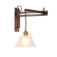 Aeyee Wood Plug in Wall Sconces Swing Arm Wall Lamp with On Off Switch Clear Glass Shade Farmhouse Wall Mounted Light Fixture with Cord Rustic Wall Light for Bedroom Bedside Reading Lamp